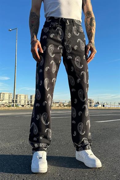 Siyah Siyah Etnik Desen MN Baggy Pantolon