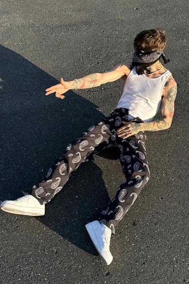 Siyah Siyah Etnik Desen MN Baggy Pantolon