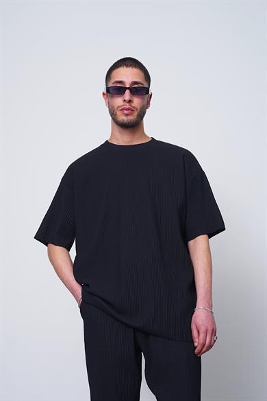 Siyah Siyah Fitilli Basic 17 MH Oversize Tişört