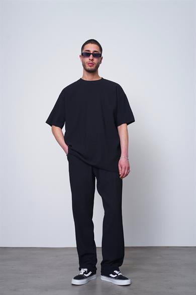 Siyah Siyah Fitilli Basic 17 MH Oversize Tişört