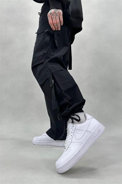 Siyah Siyah Full Tasarım Z2 Çift Cepli Kargo DL Paçası Ayarlanabilir Baggy Pantolon