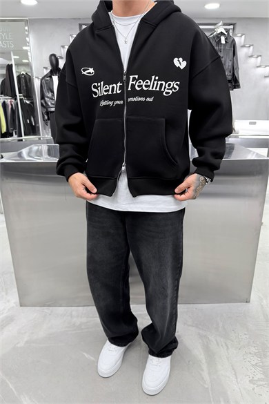 Siyah Slient Baskılı Tam Fermuarlı Oversize Sweatshirt