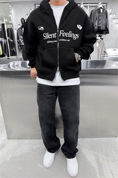 Siyah Slient Baskılı Tam Fermuarlı Oversize Sweatshirt