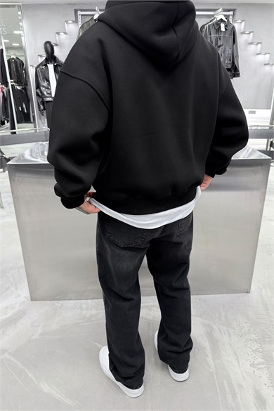 Siyah Slient Baskılı Tam Fermuarlı Oversize Sweatshirt
