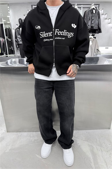 Siyah Slient Baskılı Tam Fermuarlı Oversize Sweatshirt
