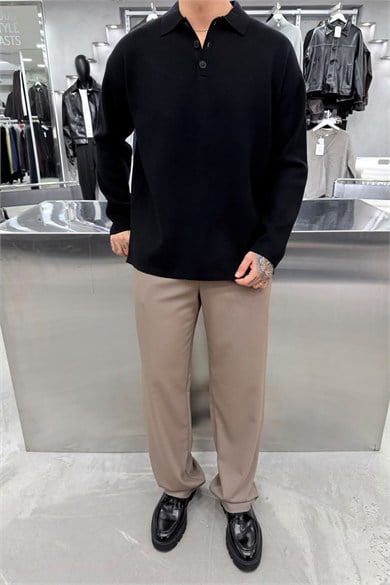 Siyah Soft Premium Oversize Triko Polo Yaka Kazak