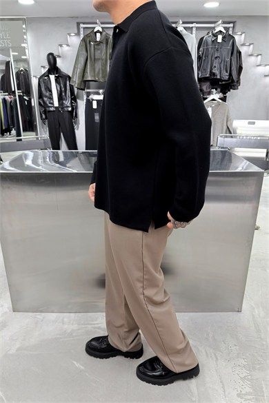 Siyah Soft Premium Oversize Triko Polo Yaka Kazak