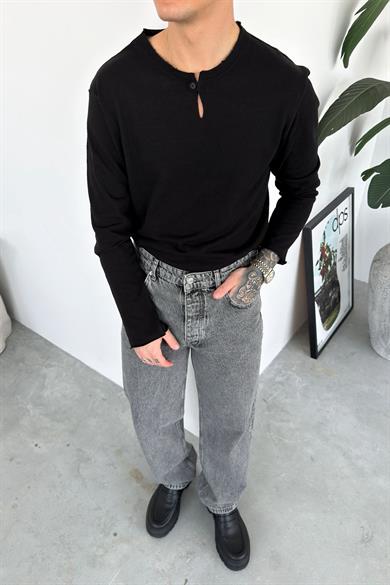 Siyah Softline Düğmeli Yaka Tişört