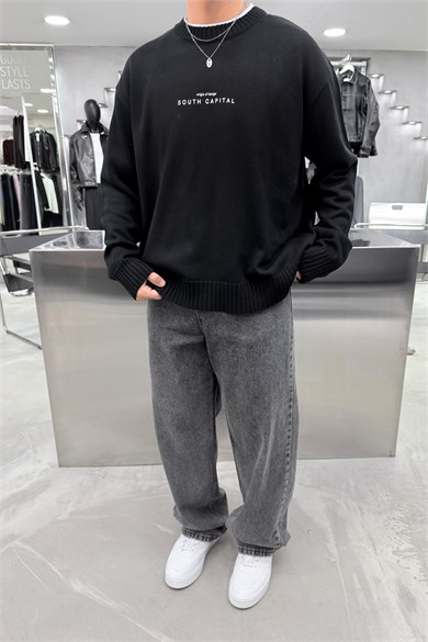 Siyah South Baskılı Oversize Kazak