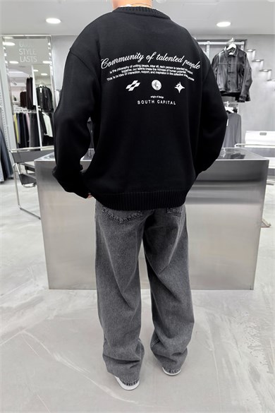 Siyah South Baskılı Oversize Kazak