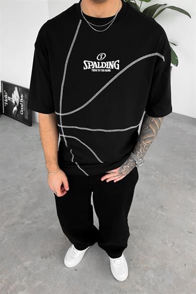 Siyah Spalding Nakış Ters Dikiş Detay Oversize Tişört