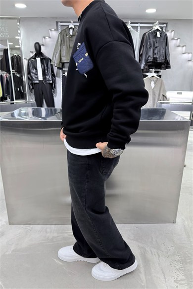 Siyah Street Nakışlı Oversize Sweatshirt