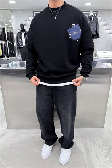 Siyah Street Nakışlı Oversize Sweatshirt