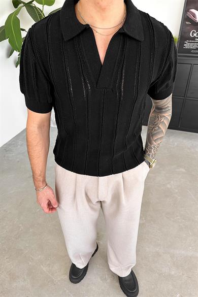 Siyah Striped Knitwear Relaxed Triko Polo Yaka Tişört
