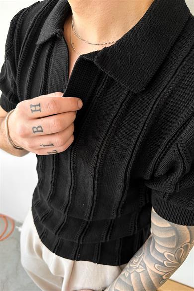 Siyah Striped Knitwear Relaxed Triko Polo Yaka Tişört