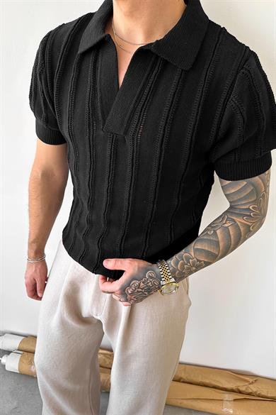 Siyah Striped Knitwear Relaxed Triko Polo Yaka Tişört
