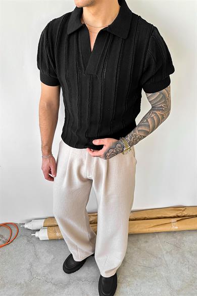 Siyah Striped Knitwear Relaxed Triko Polo Yaka Tişört