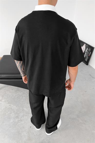 Siyah Strong Nakış Detay Oversize Polo Yaka Tişört