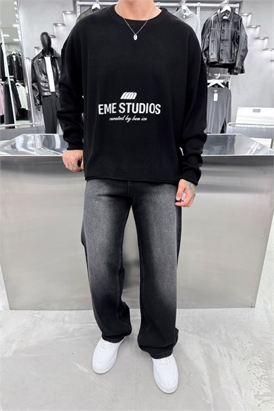 Siyah Studios Baskılı Boxy Fit Triko Kazak
