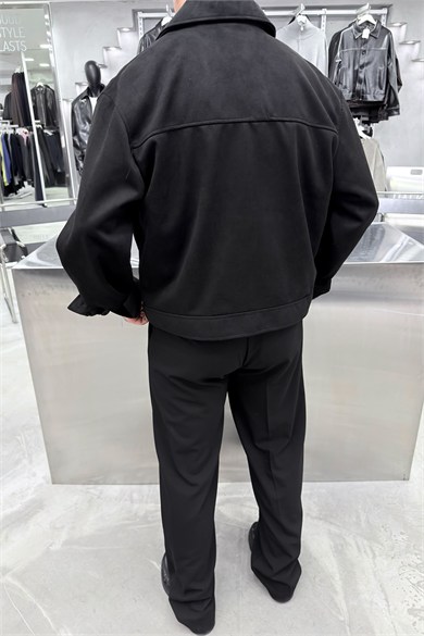 Siyah Süet Kumaş Düğmeli Boxy Fit Ceket