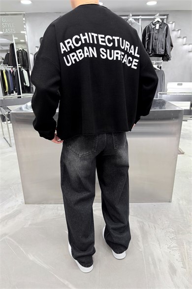 Siyah Surface Baskılı Boxy Fit Triko Kazak