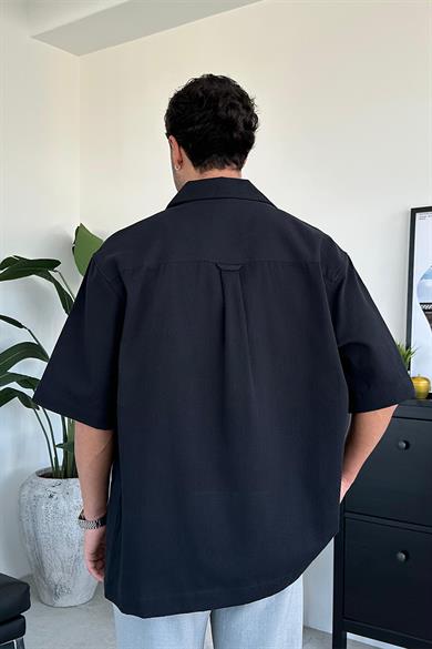 Siyah Tasarım Cep Detay Oversize Gömlek