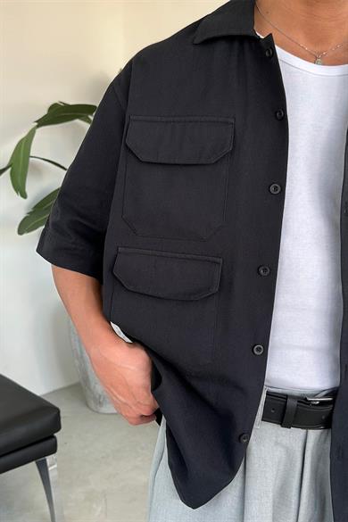 Siyah Tasarım Cep Detay Oversize Gömlek