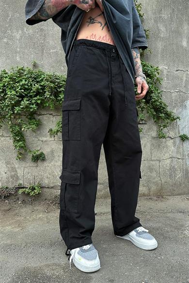 Siyah Tasarım Çift Cepli Kargo Baggy Pantolon
