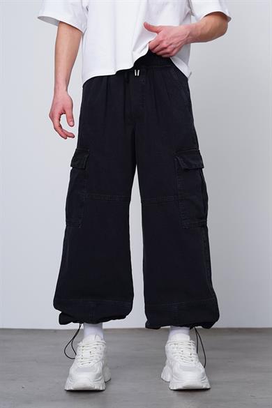 Siyah Tasarım Kargo Beli Lastikli Paçası Ayarlanabilir Z3 GD Baggy Pantolon