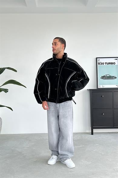 Siyah Tasarım Şerit Detay Oversize Şişme Mont