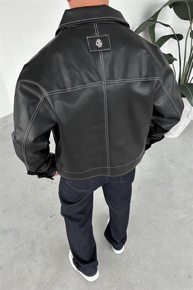 Siyah Ters Dikiş Crop Kesim Premium Deri Ceket