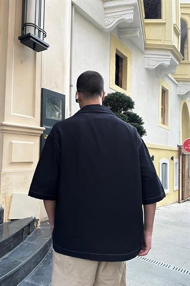 Siyah Ters Dikiş Ön Cepli 08 PH Boxy Fit Oversize Gömlek