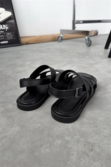 Siyah Tokalı Premium Deri Sandalet