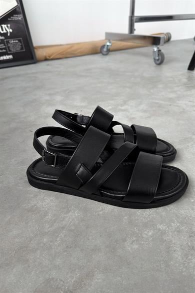 Siyah Tokalı Premium Deri Sandalet