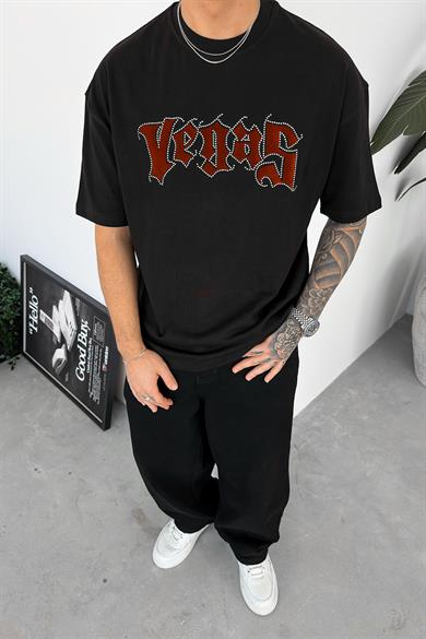 Siyah Vegas Taş İşlemeli Oversize Tişört