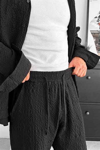 Siyah Waffle Dokulu Premium Baggy Pantolon
