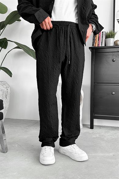 Siyah Waffle Dokulu Premium Baggy Pantolon