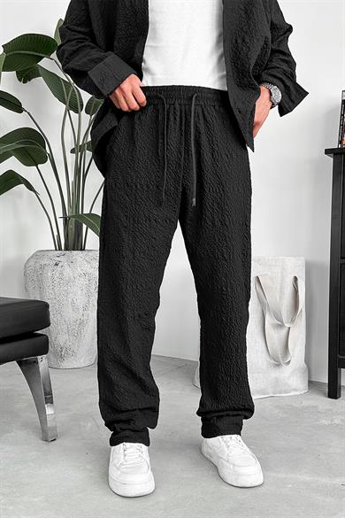 Siyah Waffle Dokulu Premium Baggy Pantolon