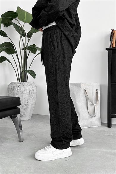 Siyah Waffle Dokulu Premium Baggy Pantolon