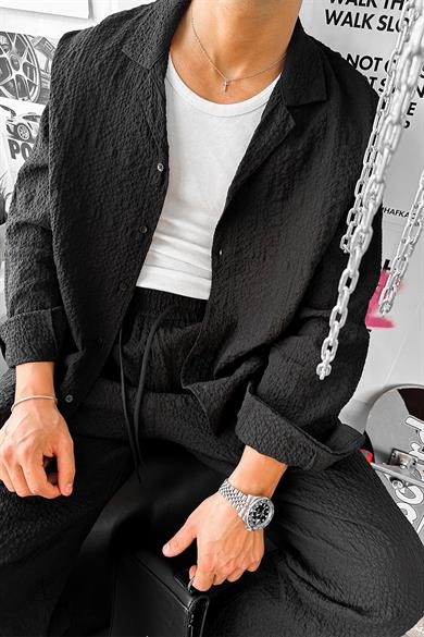 Siyah Waffle Dokulu Premium Oversize Gömlek