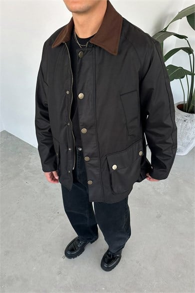 Siyah Waxed Çıt Çıt Cep Detay Oversize Ceket