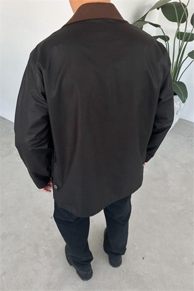 Siyah Waxed Çıt Çıt Cep Detay Oversize Ceket