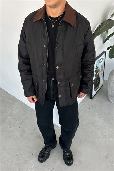 Siyah Waxed Çıt Çıt Cep Detay Oversize Ceket