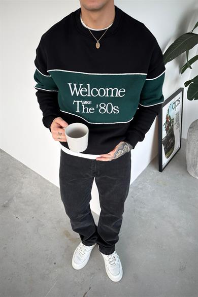 Siyah Welcome Nakışlı Oversize Sweat