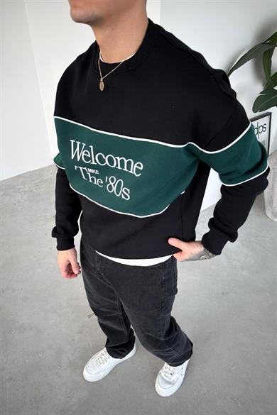 Siyah Welcome Nakışlı Oversize Sweat