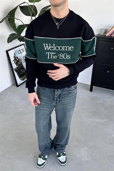 Siyah Welcome Nakışlı Oversize Sweat