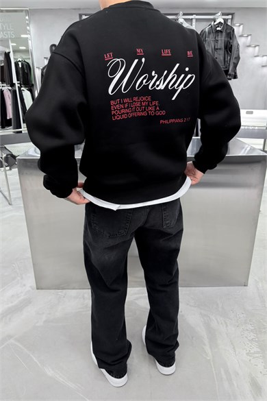 Siyah Workship Baskılı Boxy Fit Sweatshirt