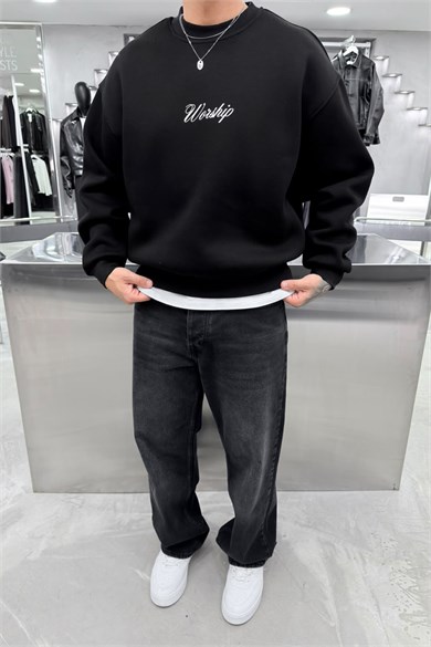 Siyah Workship Baskılı Boxy Fit Sweatshirt