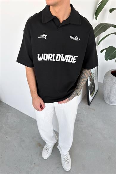Siyah World Wide Baskılı Polo Yaka Tişört
