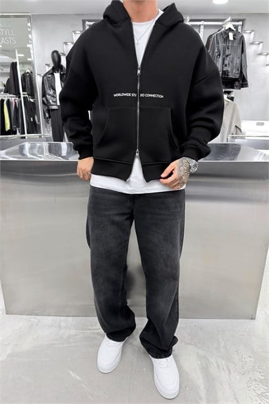 Siyah Worldwide Baskılı Tam Fermuarlı Oversize Sweatshirt